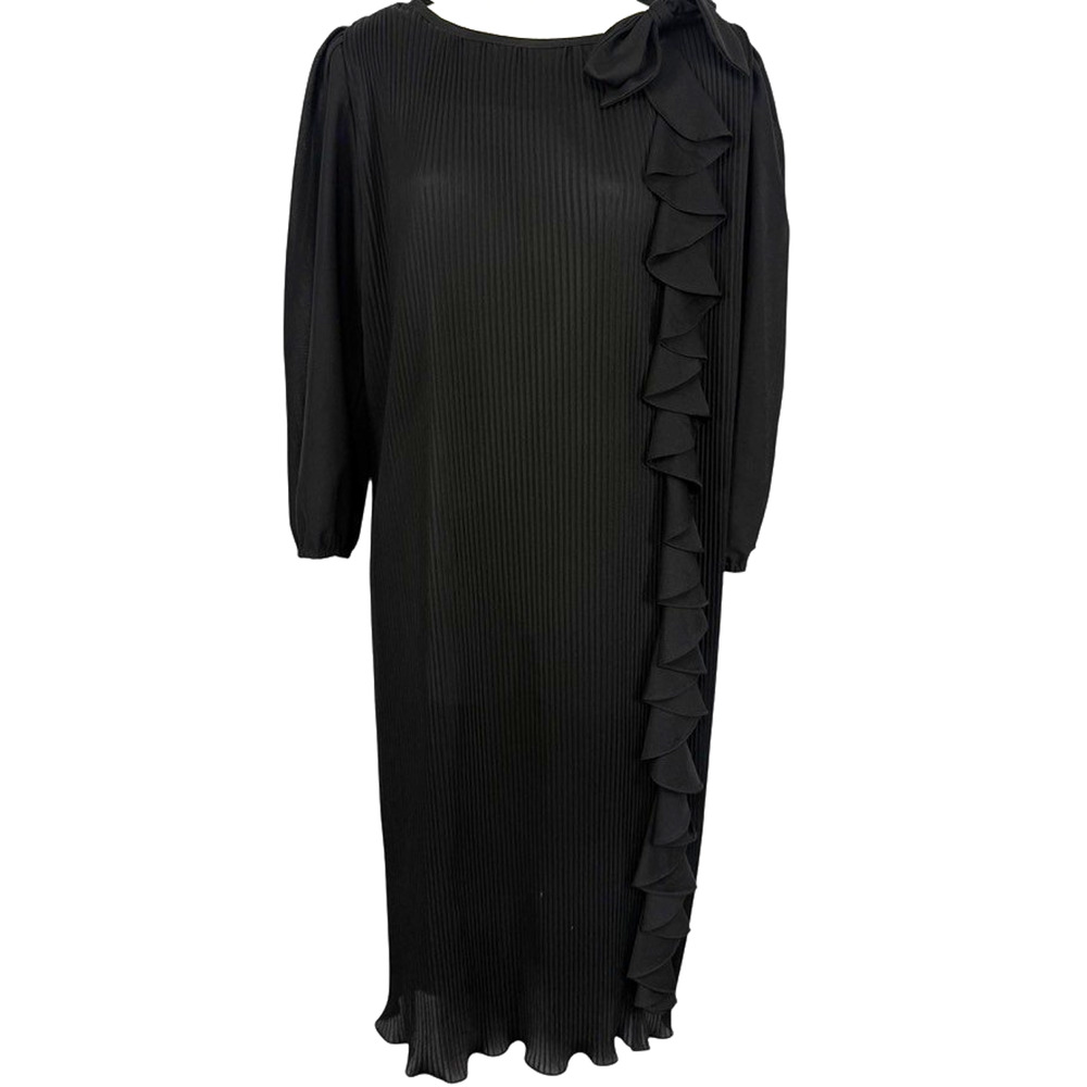 Lady Blair Pleated Ruffle Vintage USA Made Midi High Neck Sheer Chiffon Dress 14